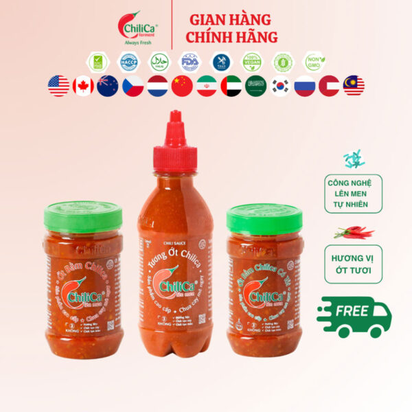 Bộ 3 Chua Cay Thích Ngay: Tương Ớt ChiliCa 255g - Ớt Bằm ChiliCa 212g - Ớt Bằm ChiliCa Có Tỏi 212g