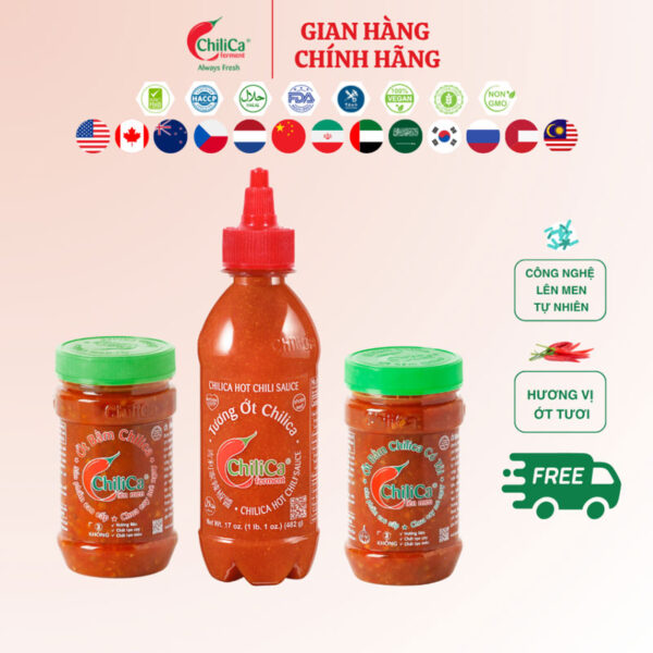 Bộ 3 Chua Cay Ngất Ngây: Tương Ớt ChiliCa 482g - Ớt Bằm ChiliCa 212g - Ớt Bằm ChiliCa Có Tỏi 212g